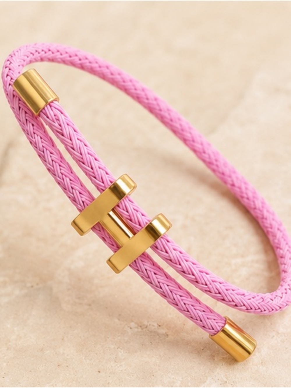 Designer Inspired Pink Braided H Bracelet Gold Tone Preppy Barbiecore Bangle